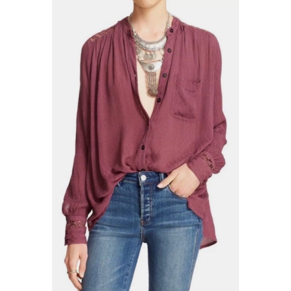 Free People Crochet Lace Back Button Top Blouse M